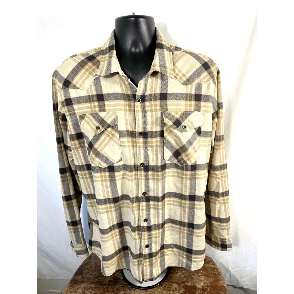 Wrangler Plaid Flannel Shirt XL Tan Brown Long Sleeve